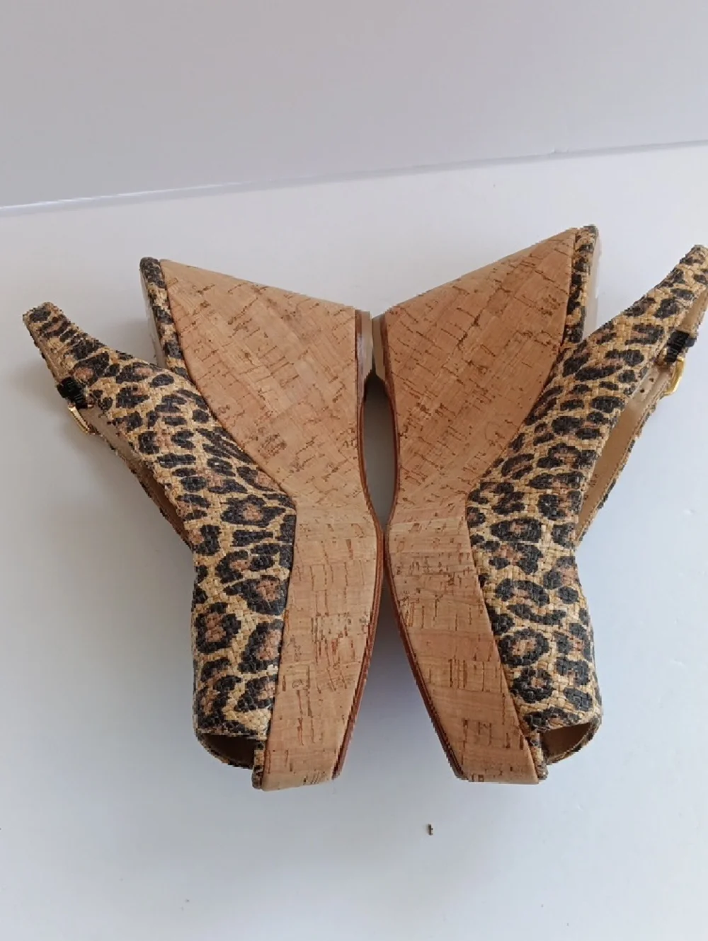 Stuart Weitzman"Jean" Leopard Print Cork Wedge Slingbacks Peep-toe 6.5 M( EUC) - Picture 3 of 16